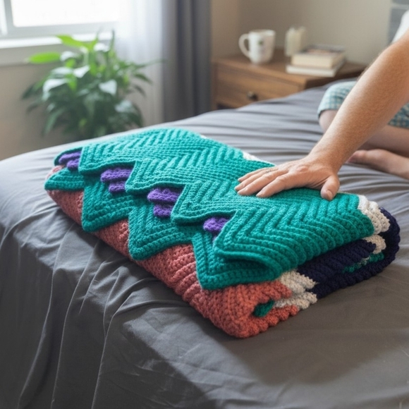 Handmade Afghan With Chevron Pattern - Picture 3 of 6